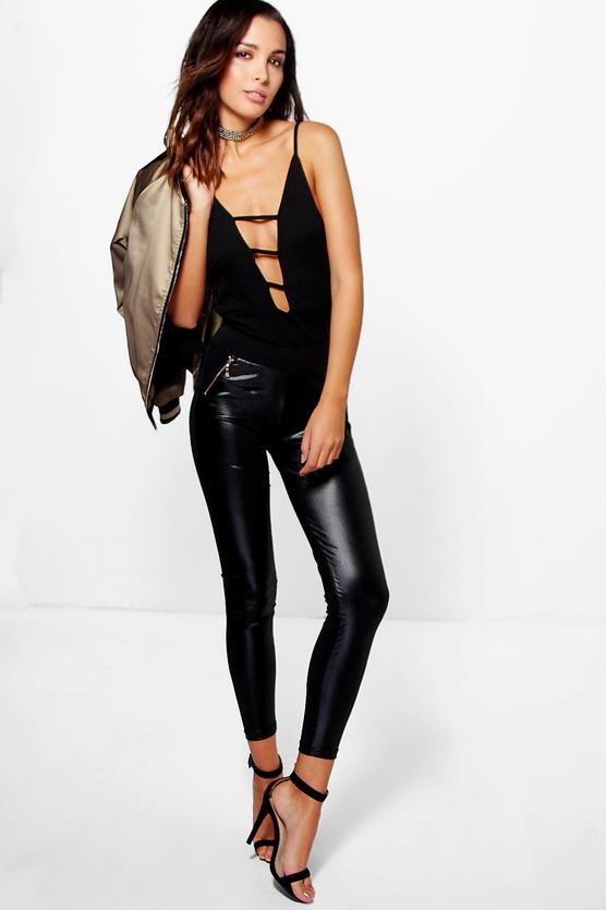 Nova Leather Look Front Zip Details Leggings